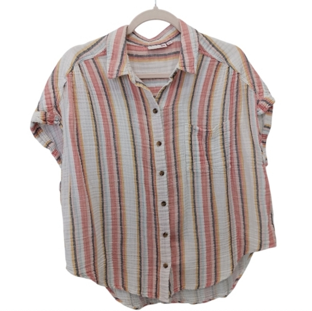 So Women's Camp Shirt 100% Cotton Multicolored Striped, Cap sleeve Sz XXL